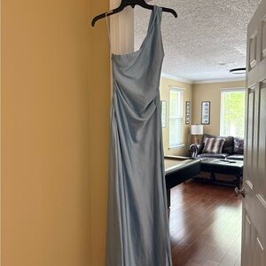 One Shoulder Light Blue Satin Dress